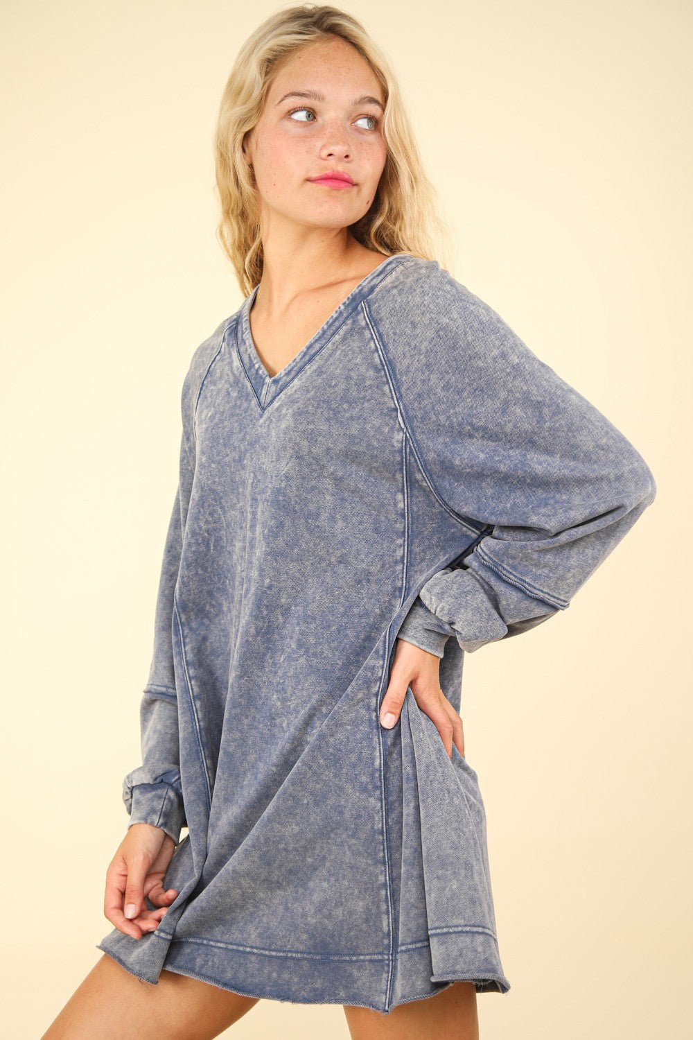 VERY J Mineral Washed Oversized A - Line Mini Dress - Sweatshirt Dress - Denim - Bella Bourget