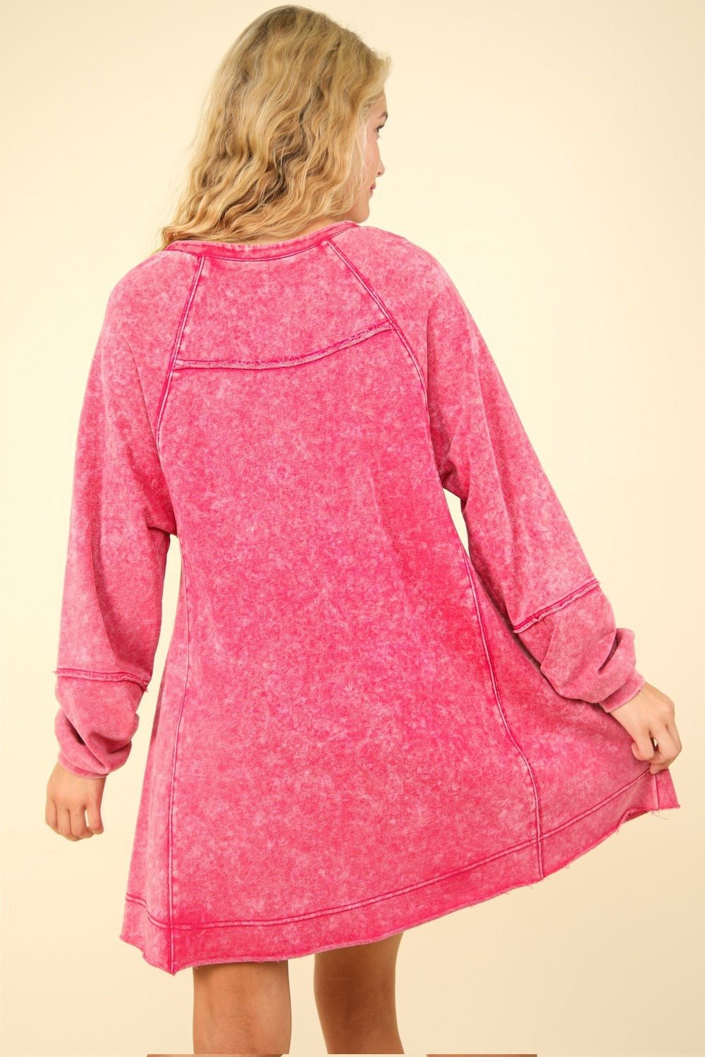 VERY J Mineral Washed Oversized A - Line Mini Dress - dress - Magenta - Bella Bourget