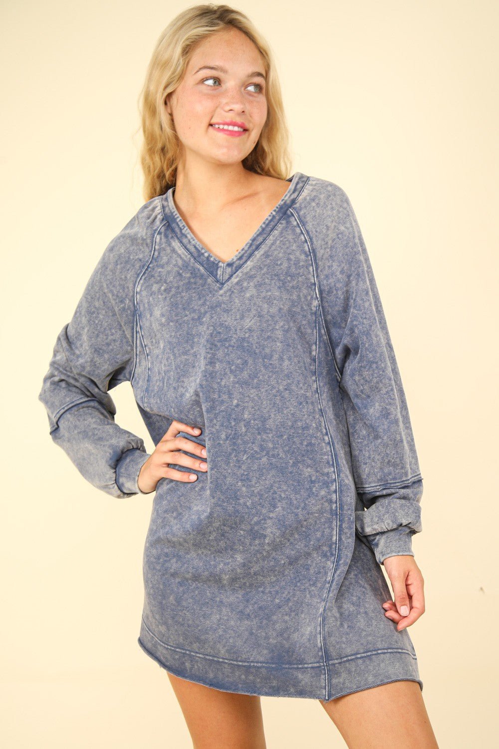 VERY J Mineral Washed Oversized A - Line Mini Dress - Sweatshirt Dress - Denim - Bella Bourget