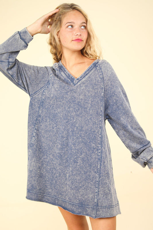 VERY J Mineral Washed Oversized A - Line Mini Dress - Sweatshirt Dress - Denim - Bella Bourget