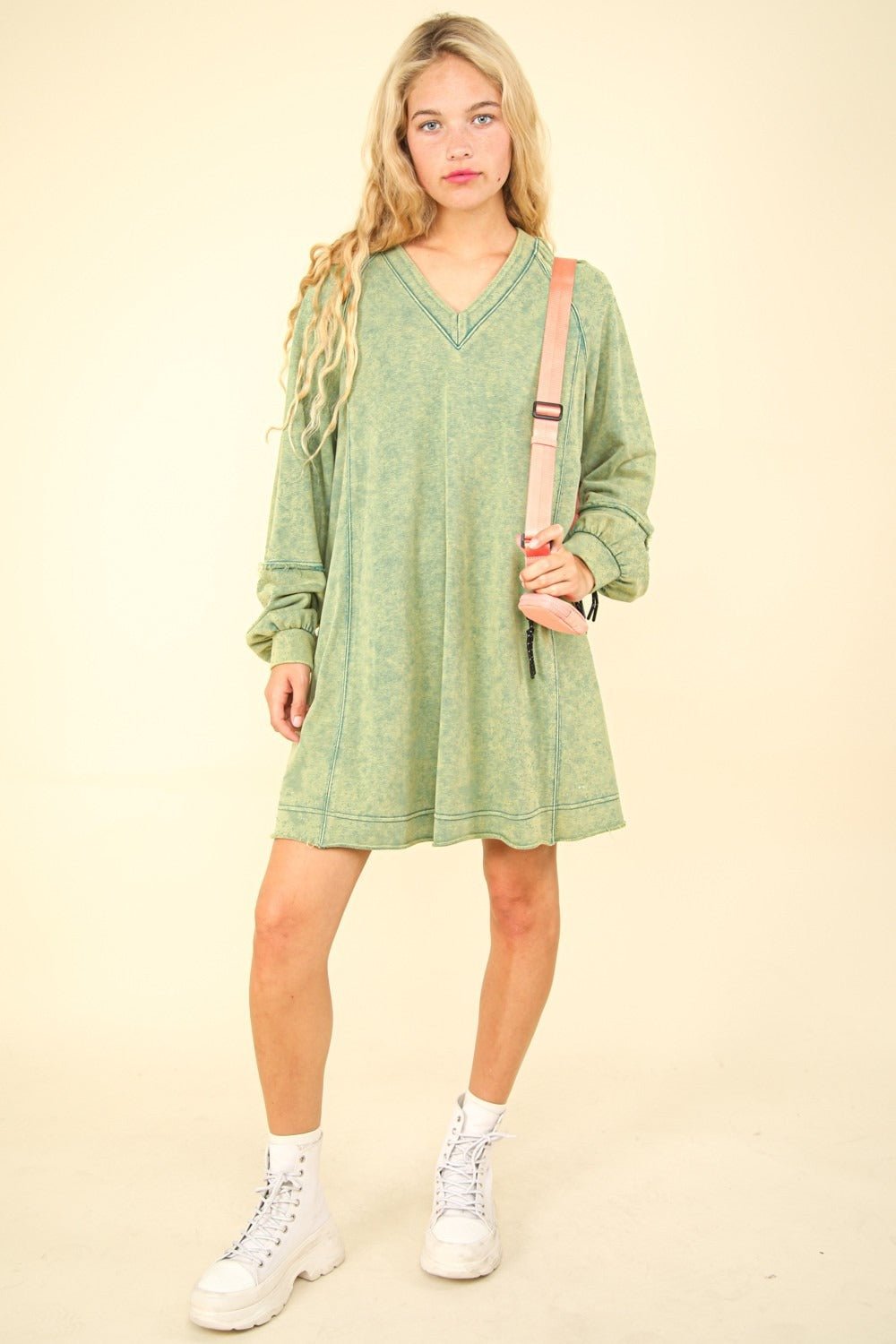 VERY J Mineral Washed Oversized A - Line Mini Dress - dress - Forest - Bella Bourget