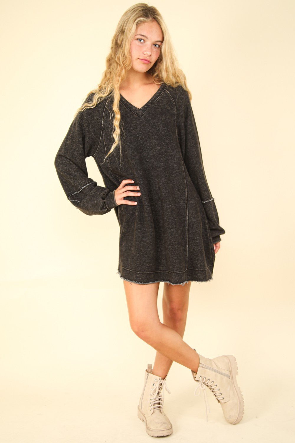 VERY J Mineral Washed Oversized A - Line Mini Dress - Sweatshirt dress - Black - Bella Bourget