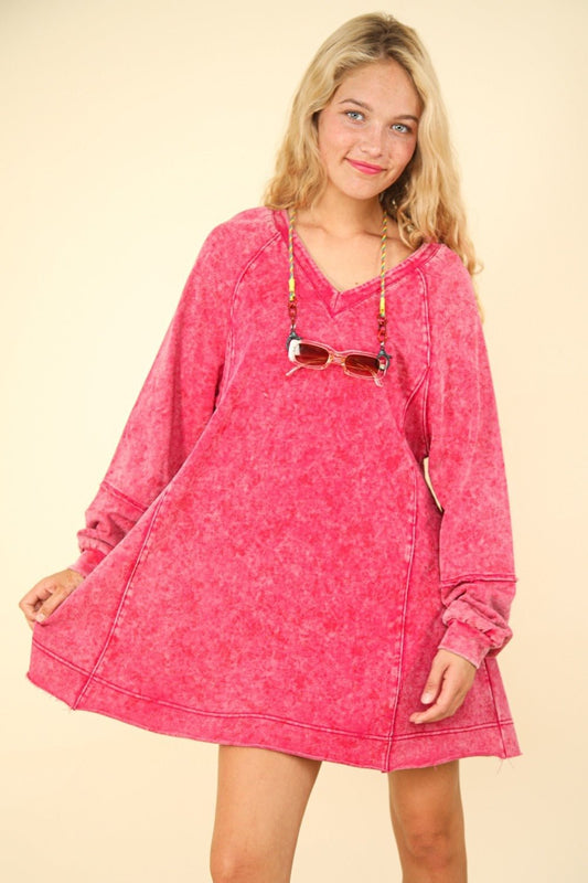 VERY J Mineral Washed Oversized A - Line Mini Dress - dress - Magenta - Bella Bourget