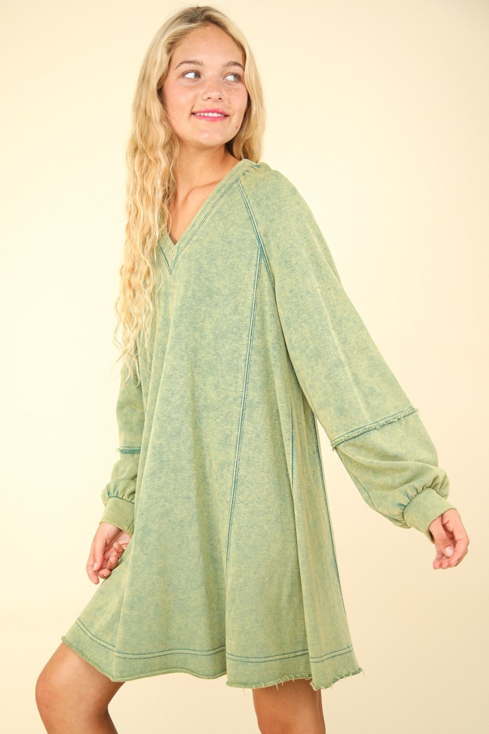 VERY J Mineral Washed Oversized A - Line Mini Dress - dress - Forest - Bella Bourget