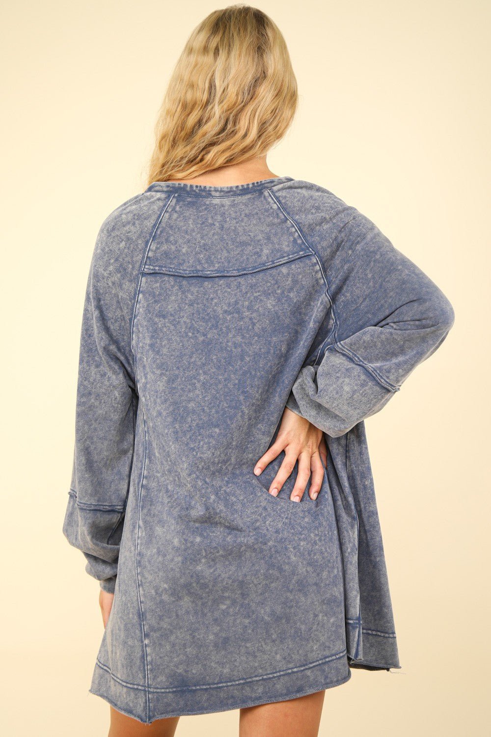 VERY J Mineral Washed Oversized A - Line Mini Dress - Sweatshirt Dress - Denim - Bella Bourget