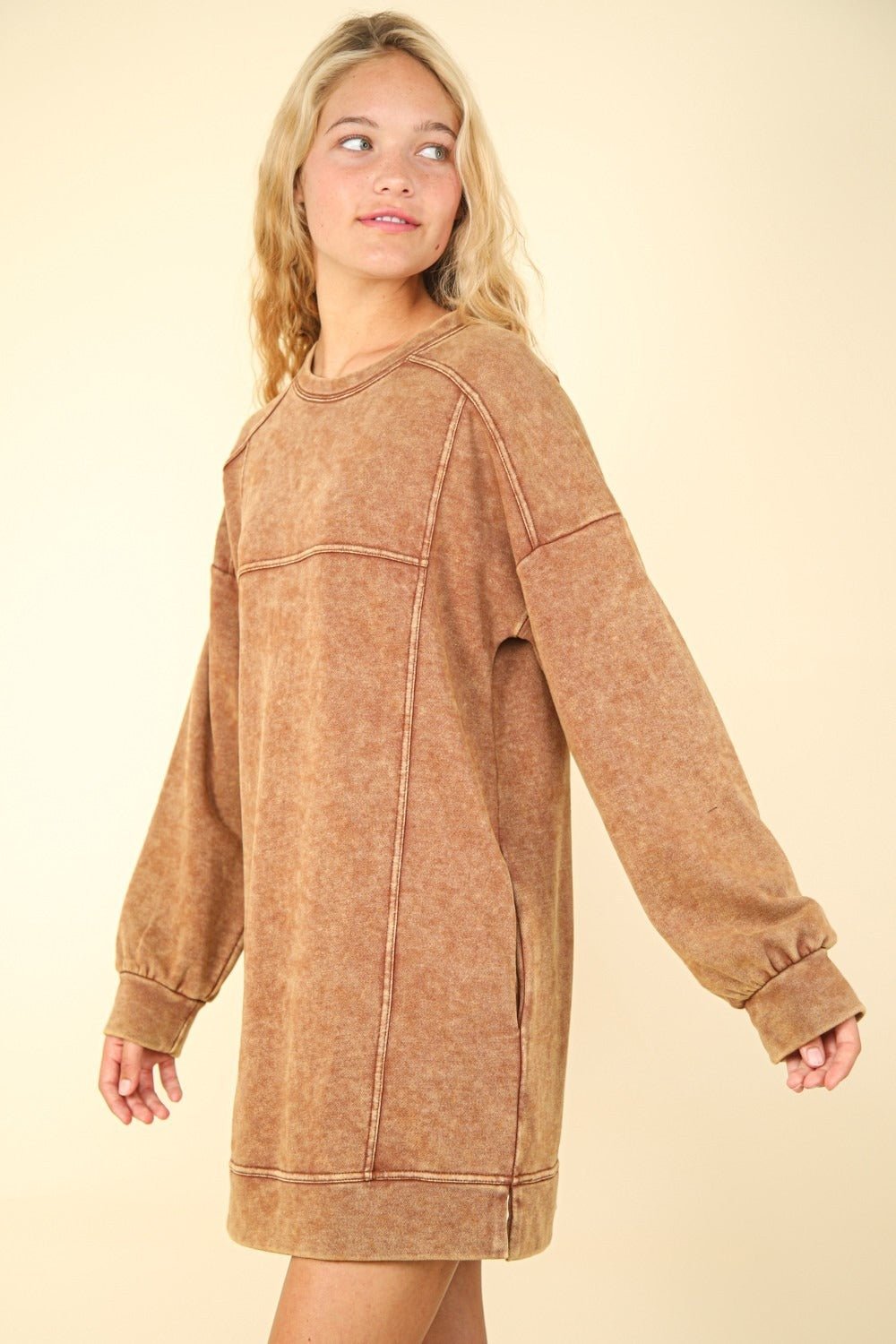 VERY J Mineral Washed Oversized Sweatshirt Mini Dress - Sweatshirt Dress - Camel - Bella Bourget