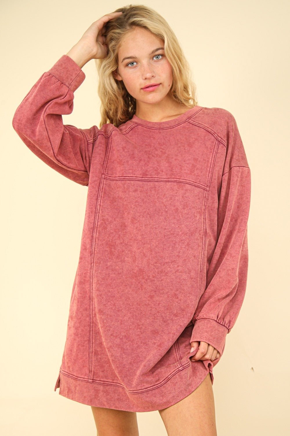 VERY J Mineral Washed Oversized Sweatshirt Mini Dress - Sweatshirt Dress - Magenta - Bella Bourget