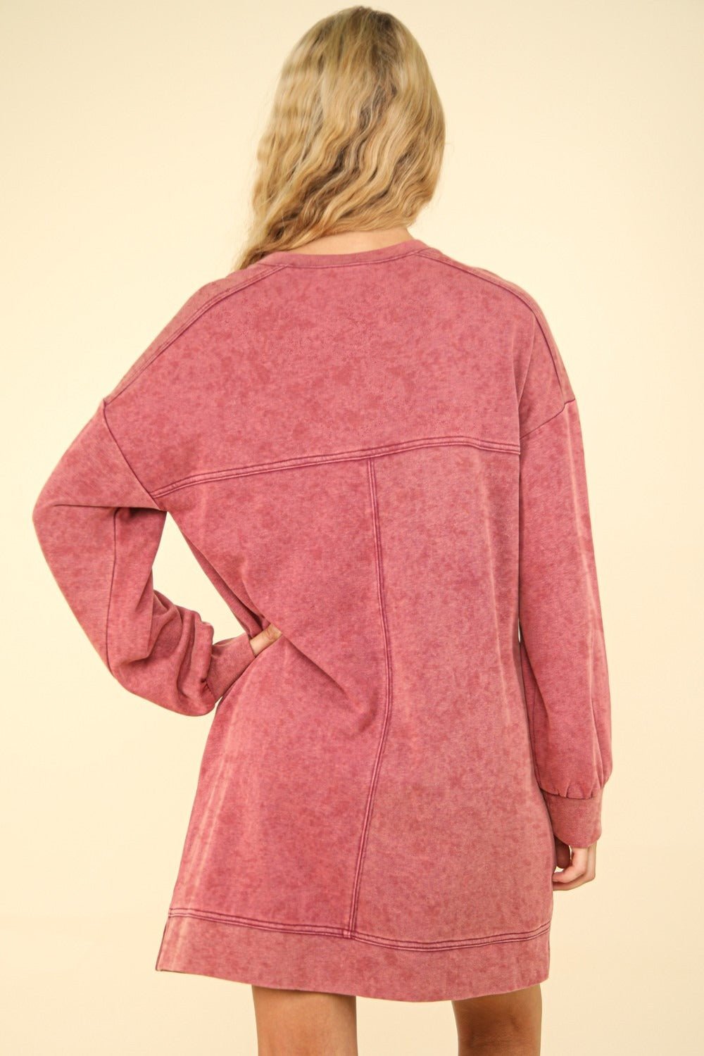 VERY J Mineral Washed Oversized Sweatshirt Mini Dress - Sweatshirt Dress - Magenta - Bella Bourget