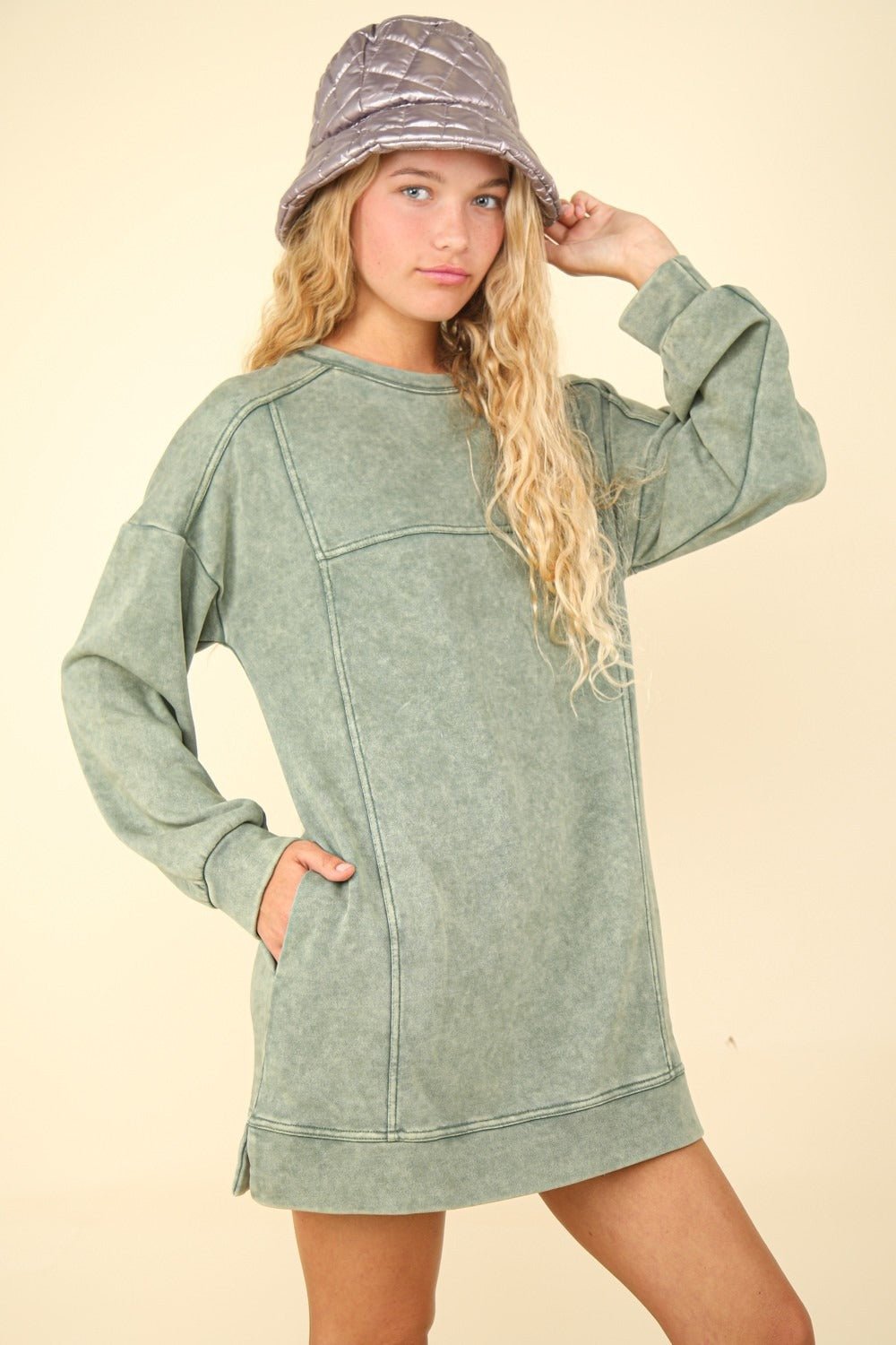 VERY J Mineral Washed Oversized Sweatshirt Mini Dress - Sweatshirt dress - Sage - Bella Bourget