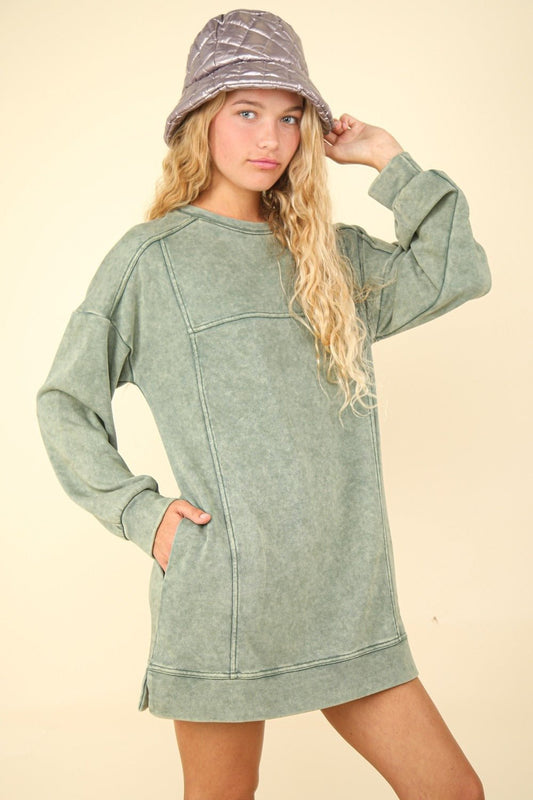 VERY J Mineral Washed Oversized Sweatshirt Mini Dress - Sweatshirt dress - Sage - Bella Bourget