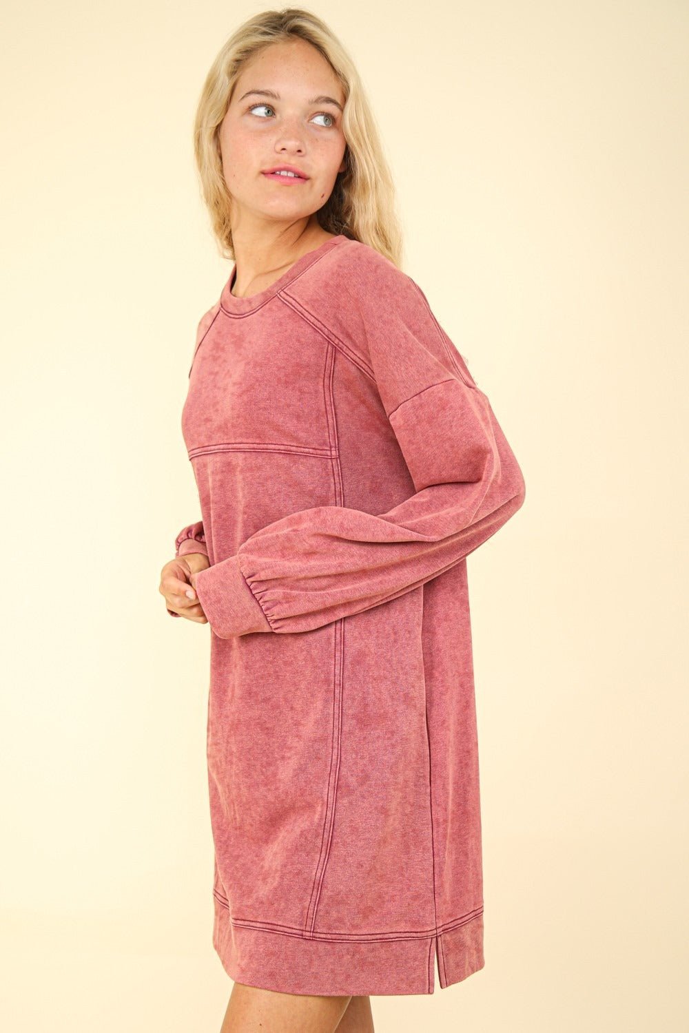 VERY J Mineral Washed Oversized Sweatshirt Mini Dress - Sweatshirt Dress - Magenta - Bella Bourget