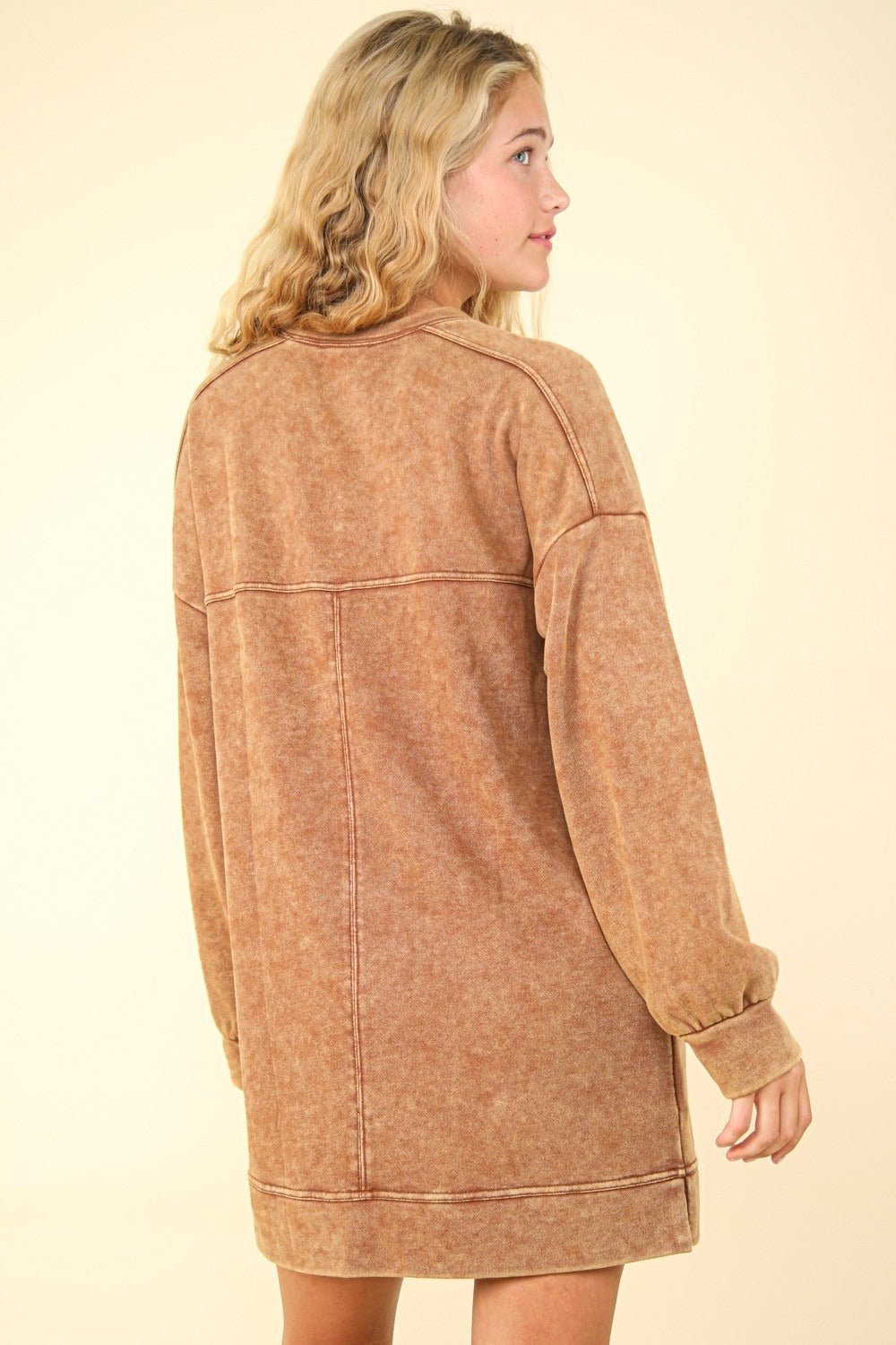 VERY J Mineral Washed Oversized Sweatshirt Mini Dress - Sweatshirt Dress - Camel - Bella Bourget