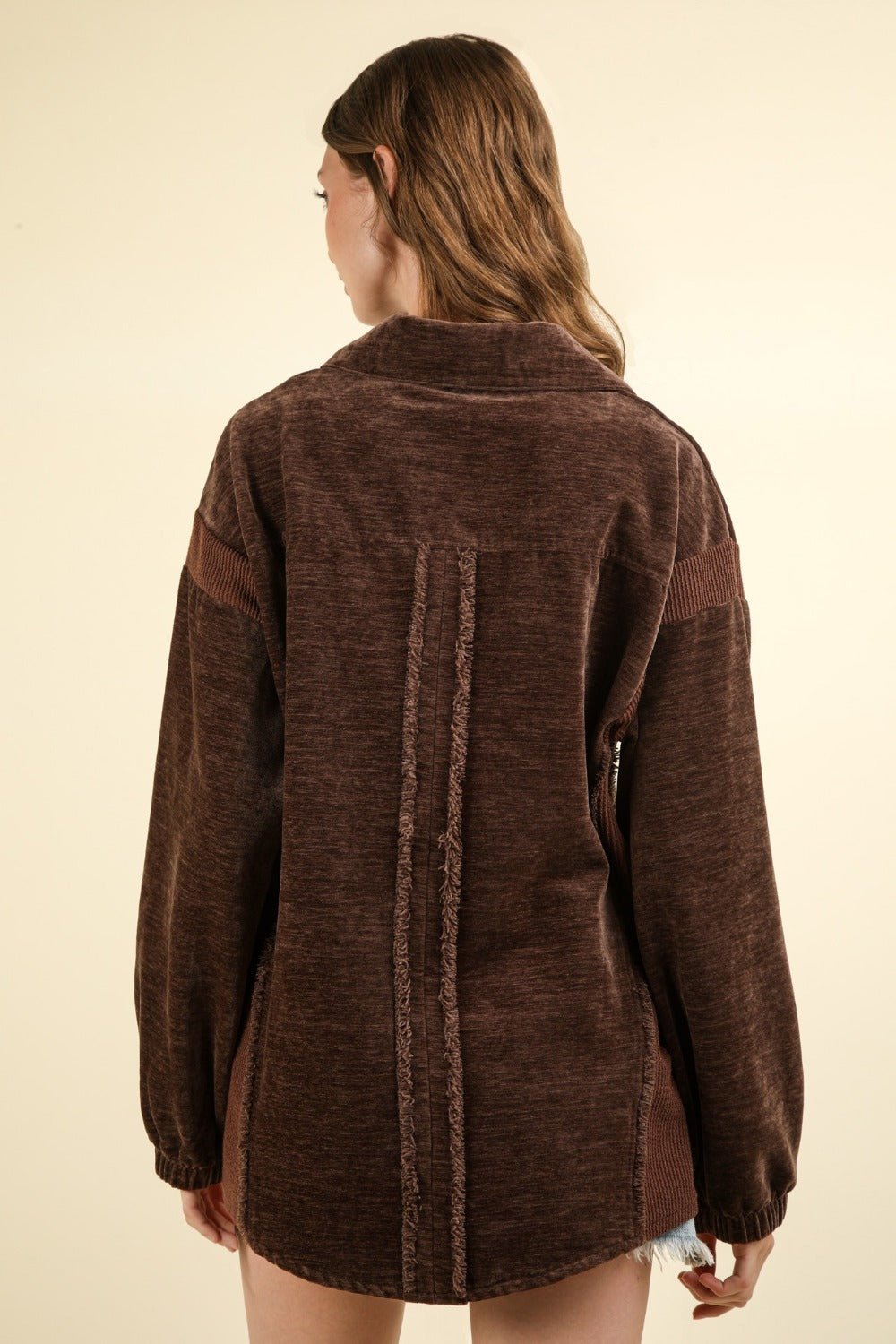 VERY J Mixed Media Button Down Raw Hem Shacket - Shacket - Chocolate - Bella Bourget