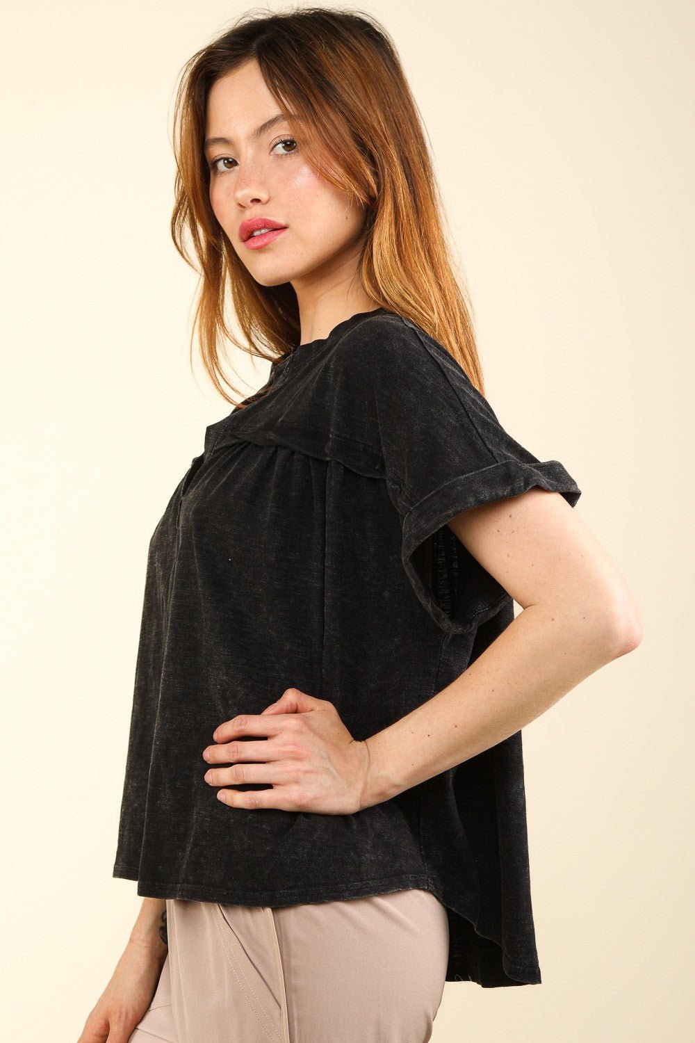 VERY J Nochted Short Sleeve Washed T - Shirt - Top - Black - Bella Bourget