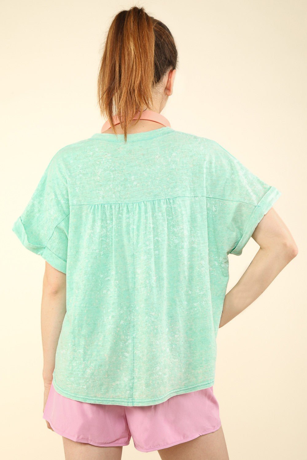 VERY J Nochted Short Sleeve Washed T - Shirt - Top - Green - Bella Bourget