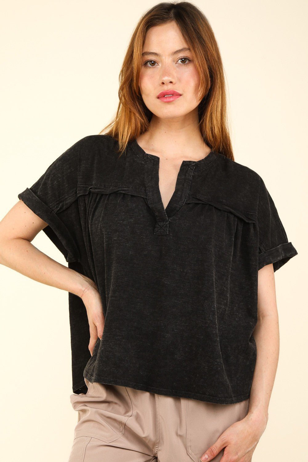 VERY J Nochted Short Sleeve Washed T - Shirt - Top - Black - Bella Bourget