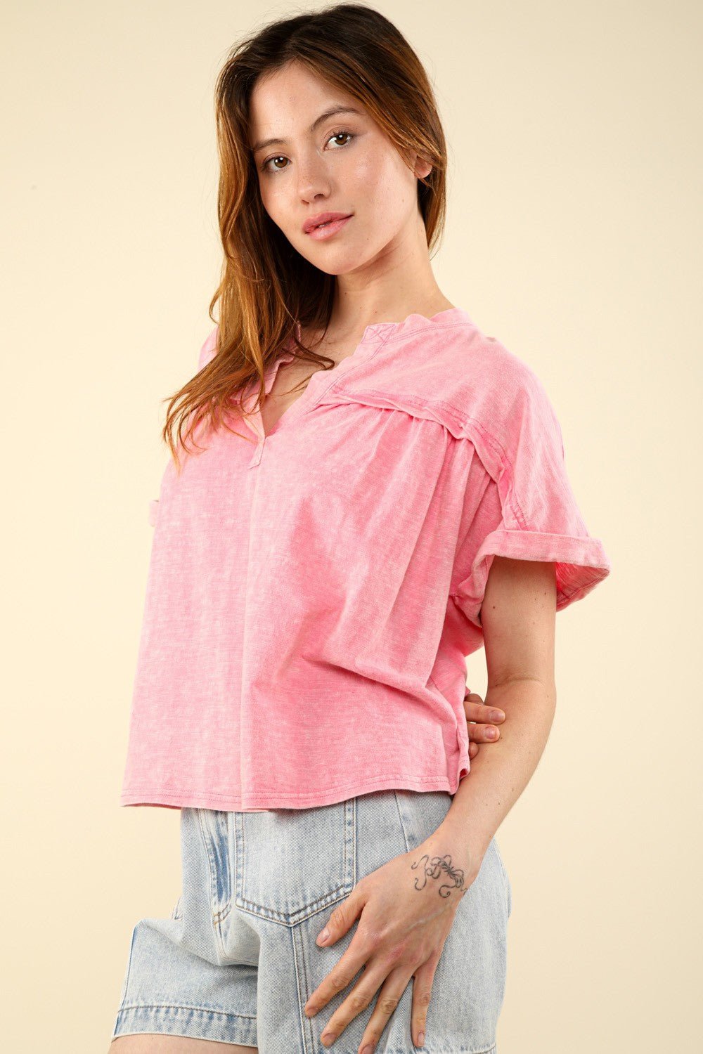 VERY J Nochted Short Sleeve Washed T - Shirt - Top - Pink - Bella Bourget