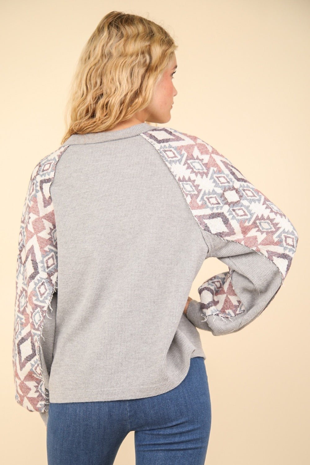 VERY J Printed Long Sleeve Round Neck Knit Top - Top - H Grey - Bella Bourget