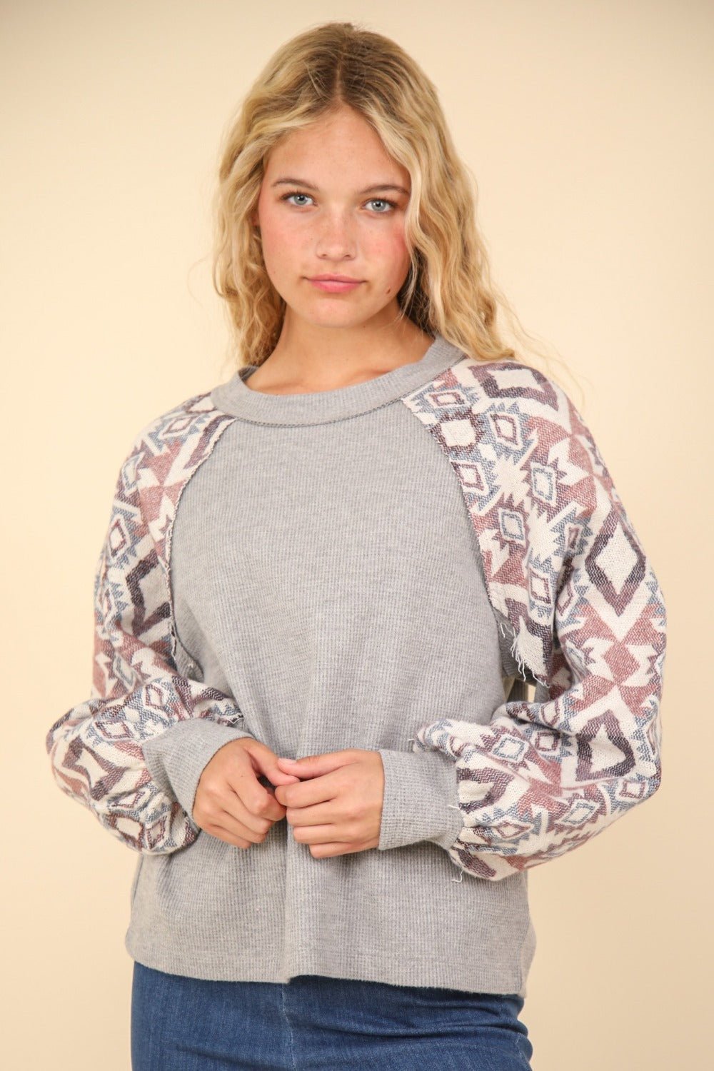 VERY J Printed Long Sleeve Round Neck Knit Top - Top - H Grey - Bella Bourget