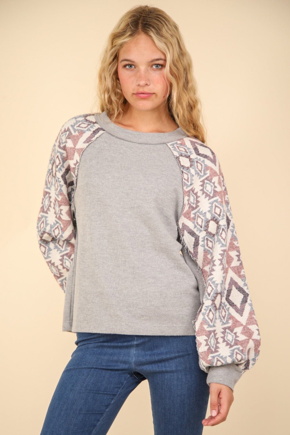 VERY J Printed Long Sleeve Round Neck Knit Top - Top - H Grey - Bella Bourget