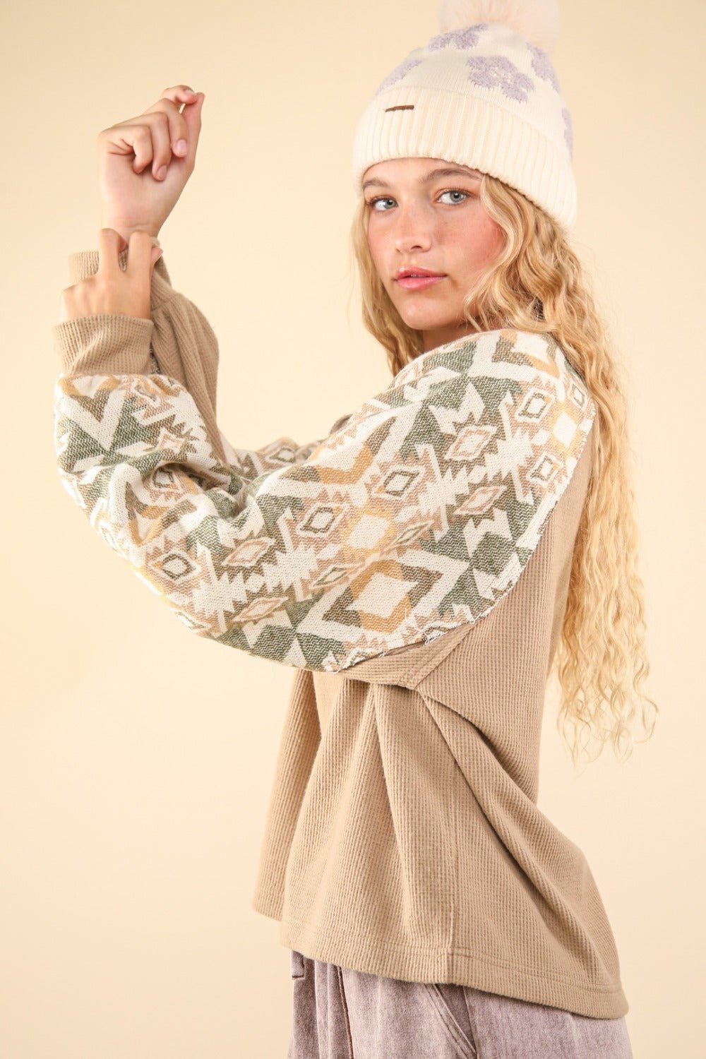 VERY J Printed Long Sleeve Round Neck Knit Top - Top - Taupe - Bella Bourget