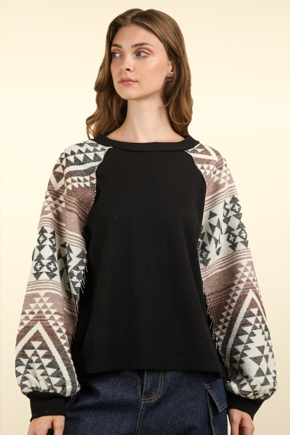 VERY J Printed Long Sleeve Round Neck Knit Top - Top - Black - Bella Bourget