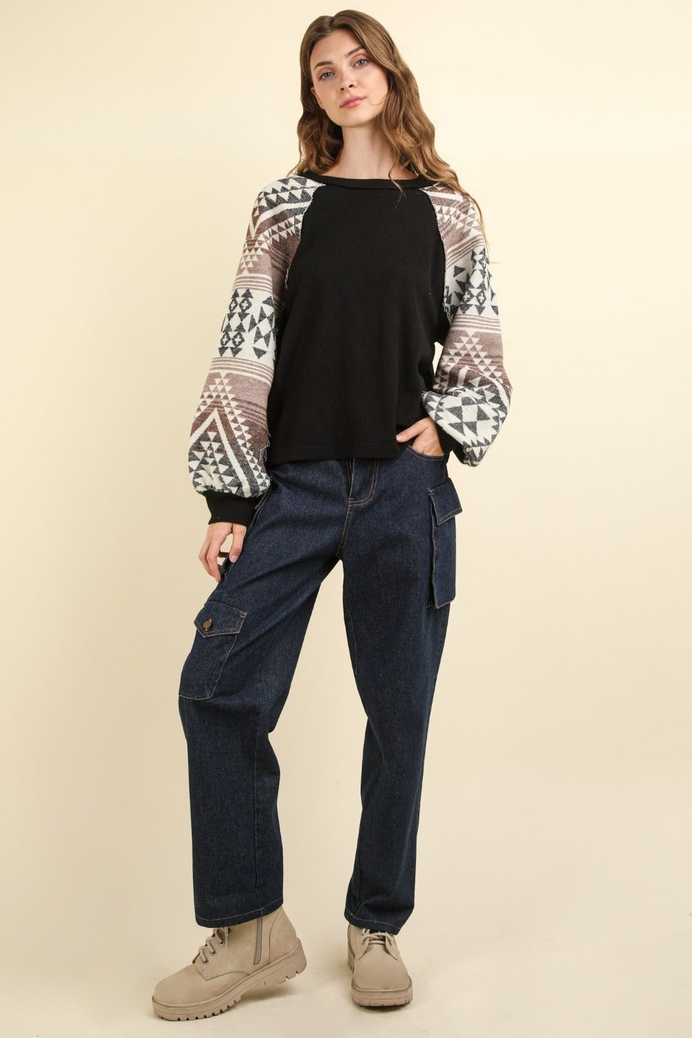 VERY J Printed Long Sleeve Round Neck Knit Top - Top - Black - Bella Bourget