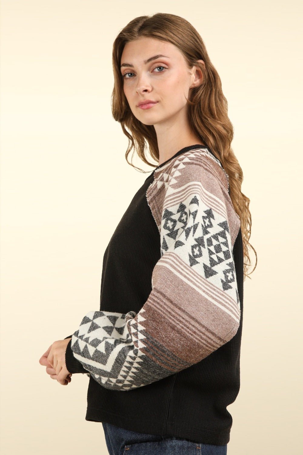 VERY J Printed Long Sleeve Round Neck Knit Top - Top - Black - Bella Bourget