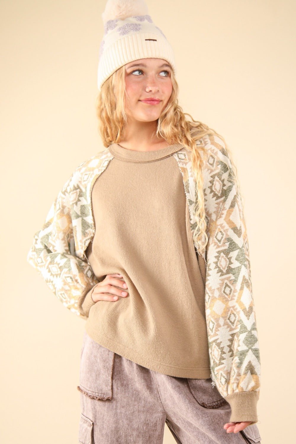 VERY J Printed Long Sleeve Round Neck Knit Top - Top - Taupe - Bella Bourget