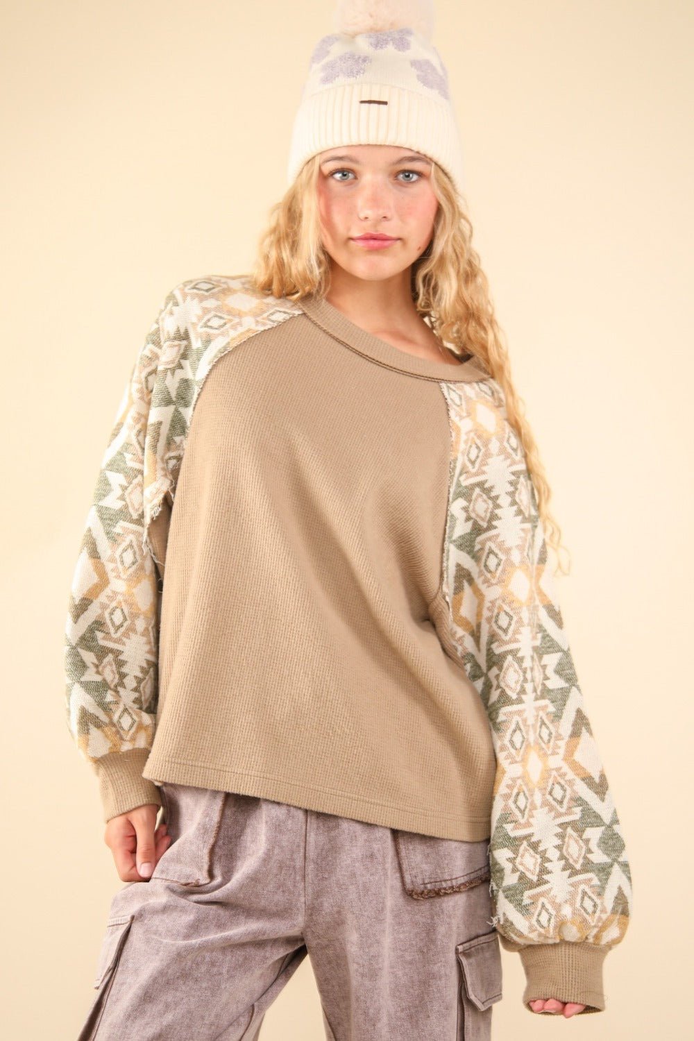 VERY J Printed Long Sleeve Round Neck Knit Top - Top - Taupe - Bella Bourget