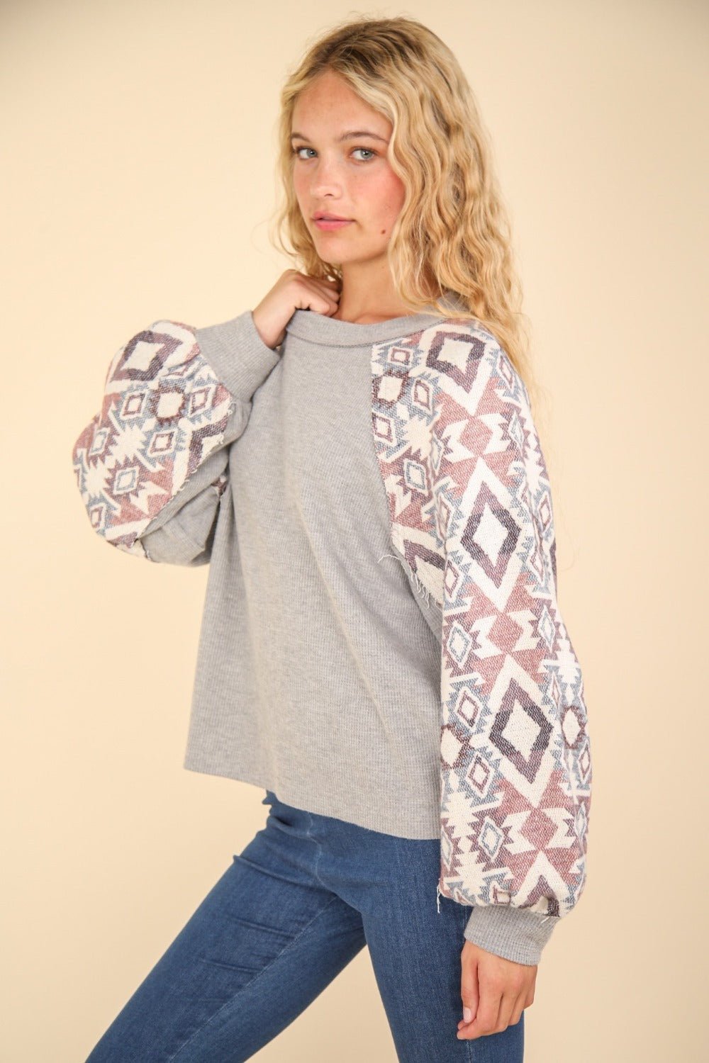 VERY J Printed Long Sleeve Round Neck Knit Top - Top - H Grey - Bella Bourget