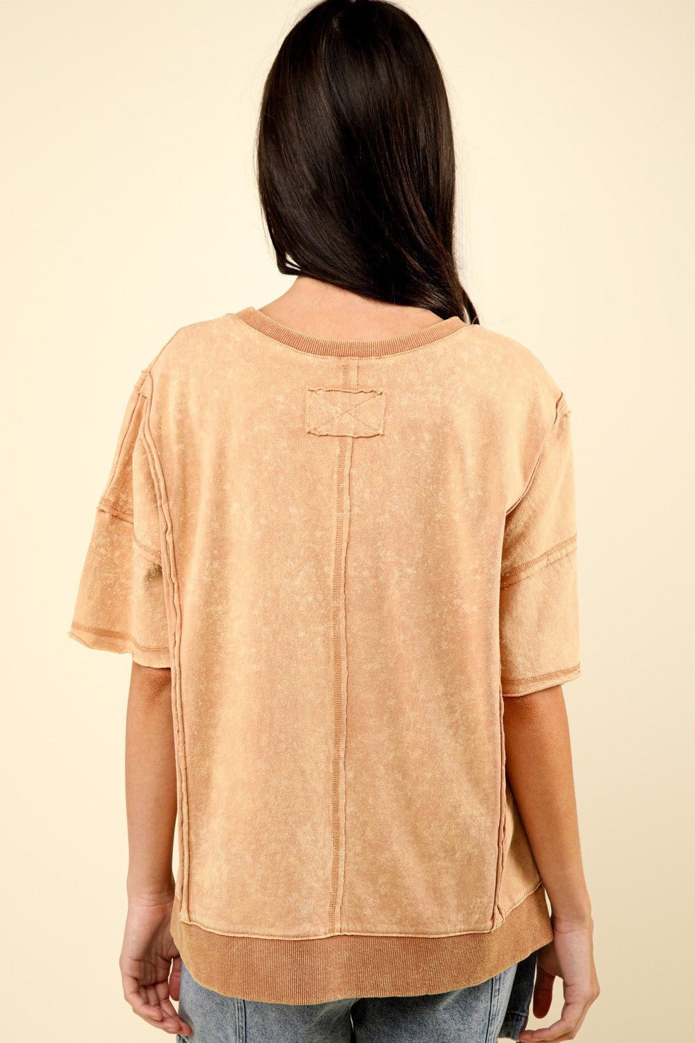 VERY J Round Neck Exposed Seam Slit T - Shirt - Top - Mocha - Bella Bourget