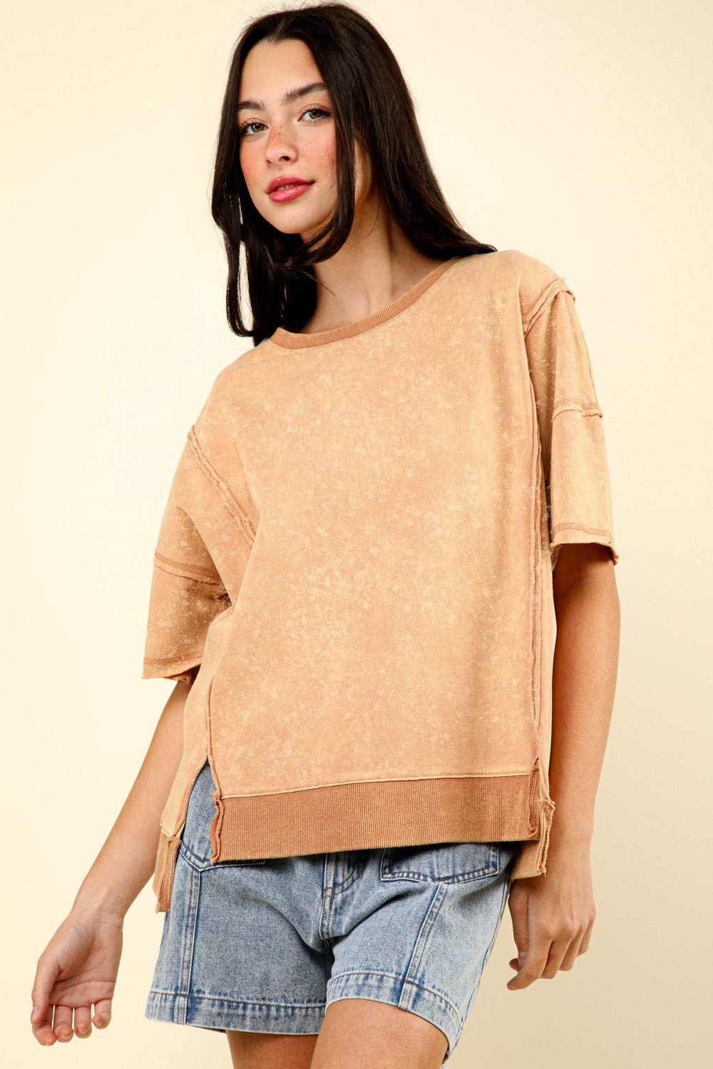 VERY J Round Neck Exposed Seam Slit T - Shirt - Top - Mocha - Bella Bourget