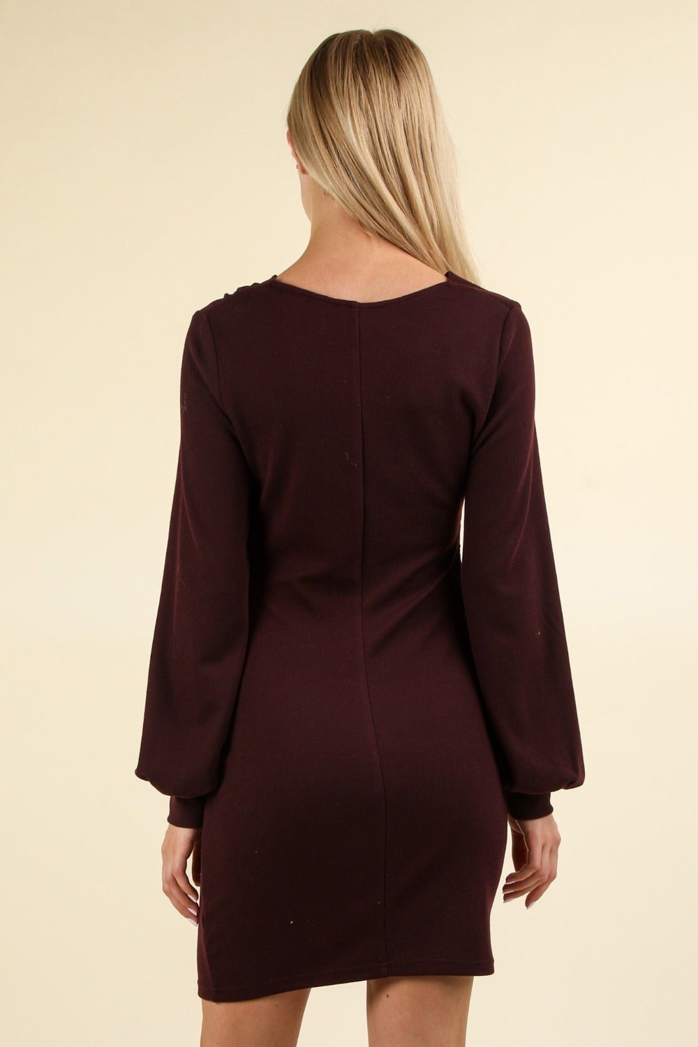 VERY J Ruched Detail Bodycon Mini Dress - dress - Wine - Bella Bourget