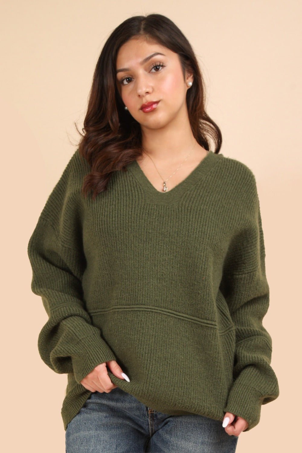 VERY J Seam Detail Drop Shoulder Hooded Sweater - Sweater - Olive - Bella Bourget