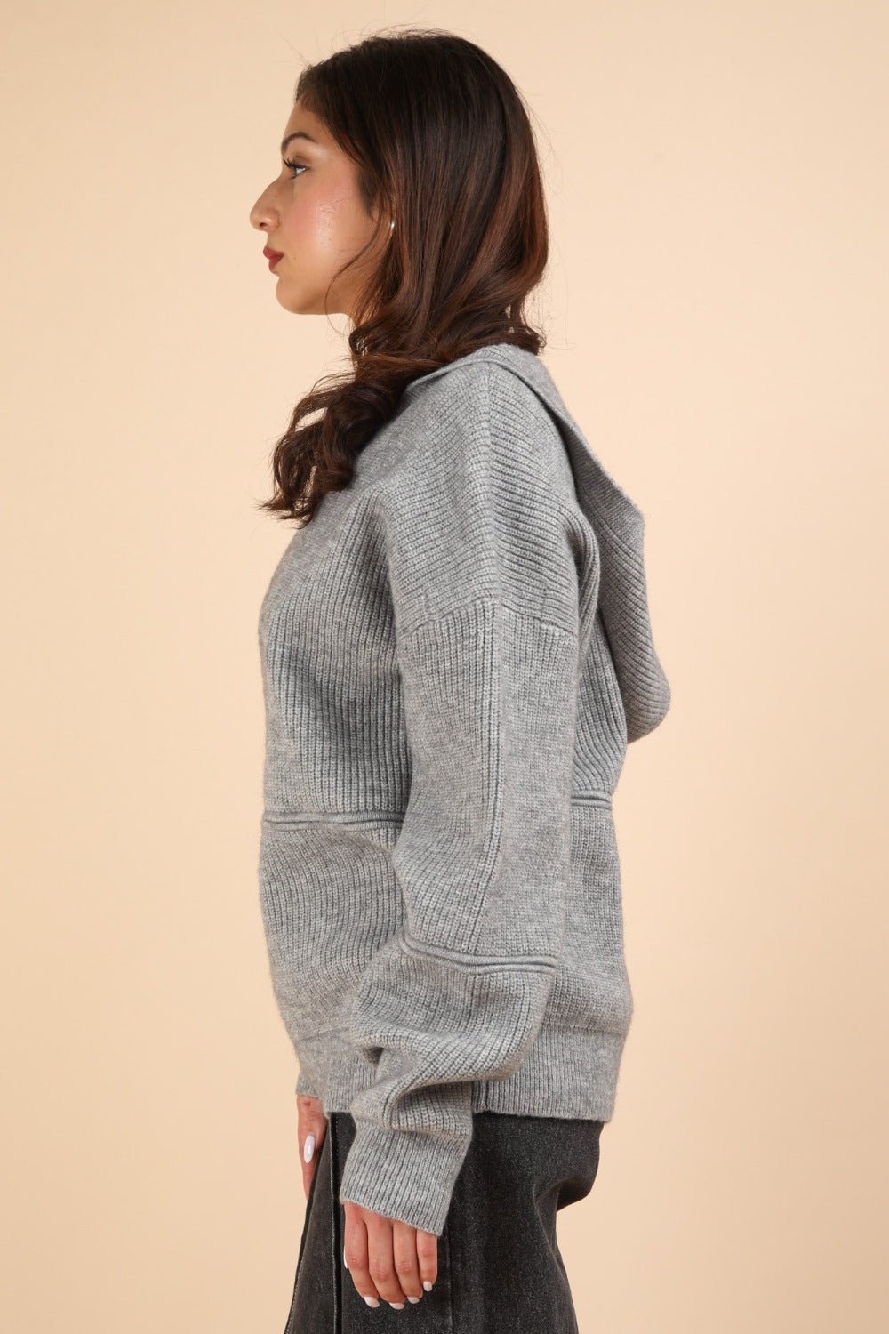 VERY J Seam Detail Drop Shoulder Hooded Sweater - Hoodie - Grey - Bella Bourget