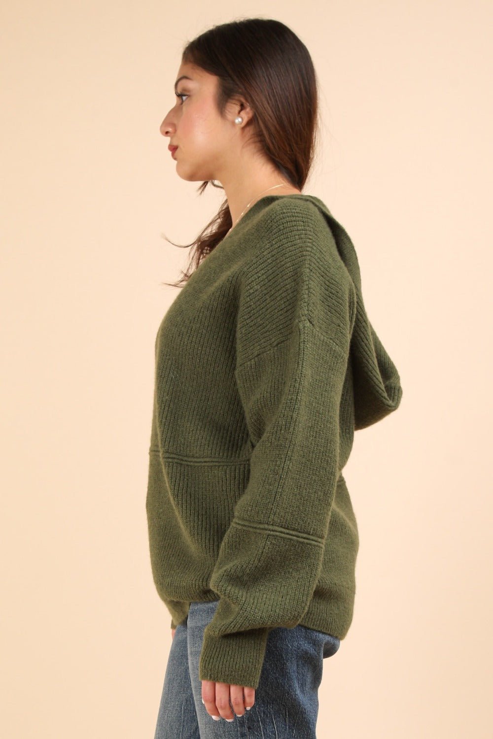 VERY J Seam Detail Drop Shoulder Hooded Sweater - Sweater - Olive - Bella Bourget