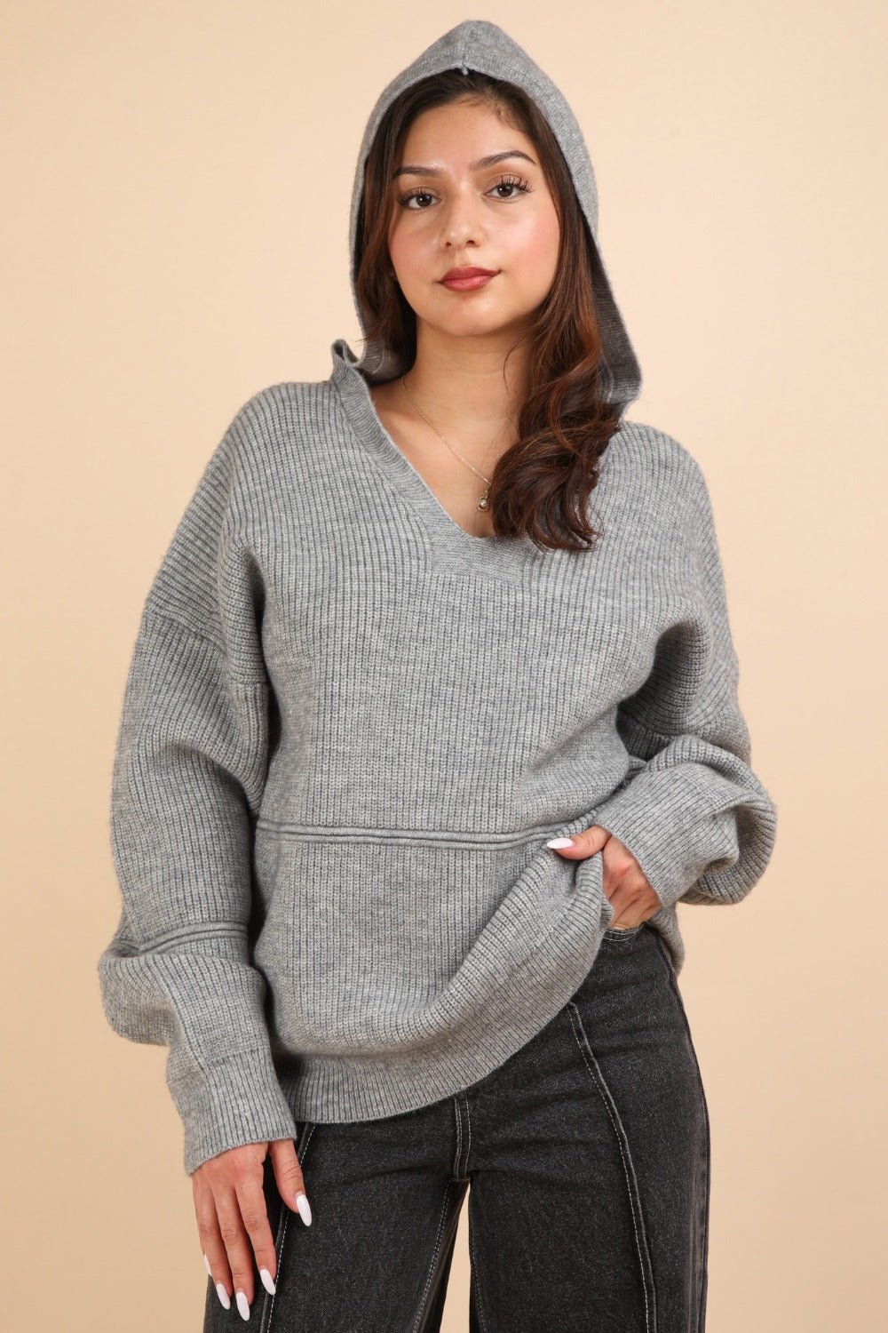 VERY J Seam Detail Drop Shoulder Hooded Sweater - Hoodie - Grey - Bella Bourget