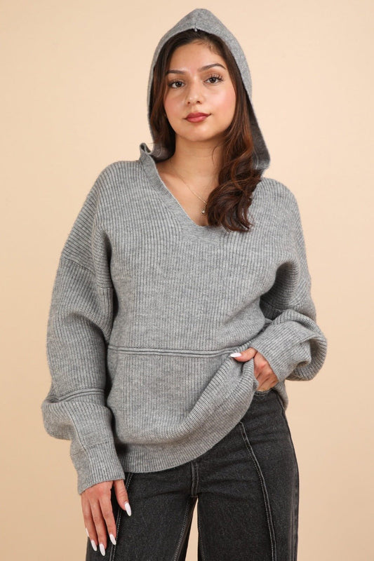 VERY J Seam Detail Drop Shoulder Hooded Sweater - Hoodie - Grey - Bella Bourget