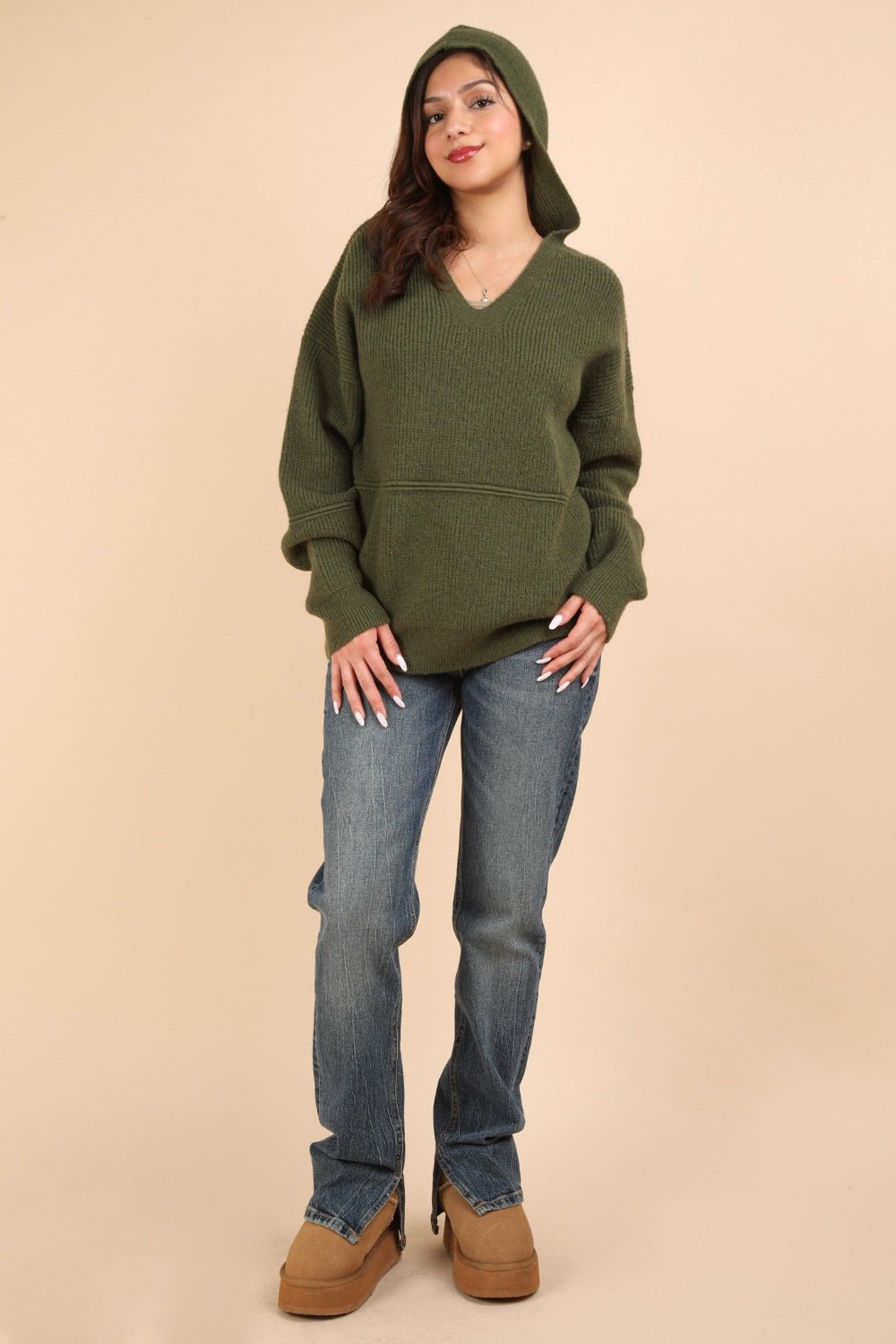 VERY J Seam Detail Drop Shoulder Hooded Sweater - Sweater - Olive - Bella Bourget