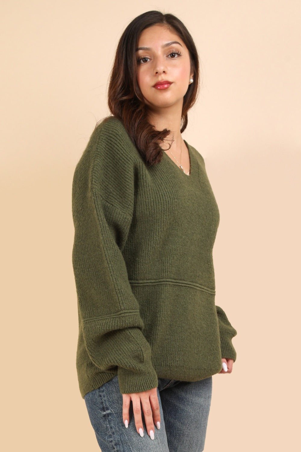 VERY J Seam Detail Drop Shoulder Hooded Sweater - Sweater - Olive - Bella Bourget