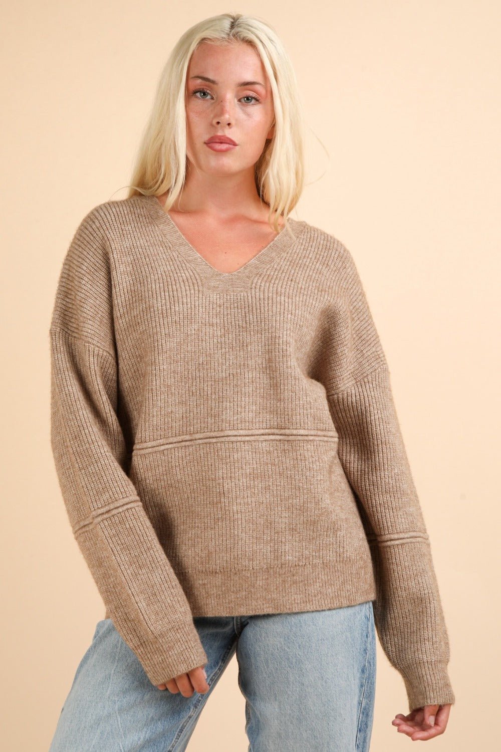 VERY J Seam Detail Drop Shoulder Hooded Sweater - Sweater - Mocha - Bella Bourget