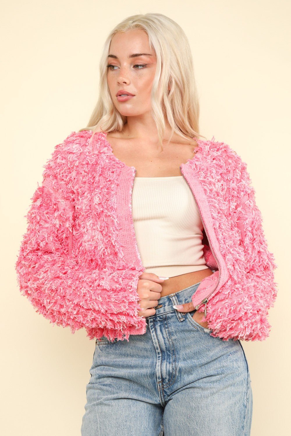 VERY J Shaggy Yarn Knit Zip Up Jacket - Jacket - Pink Multi - Bella Bourget