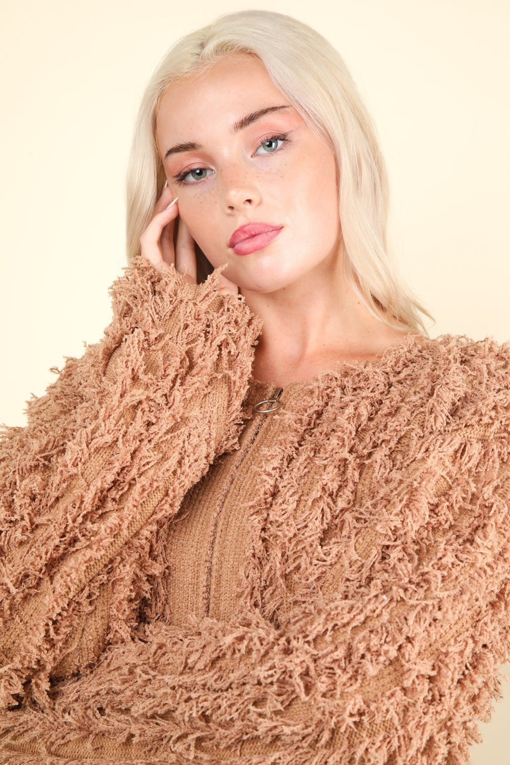 VERY J Shaggy Yarn Knit Zip Up Jacket - Jacket - Mocha - Bella Bourget