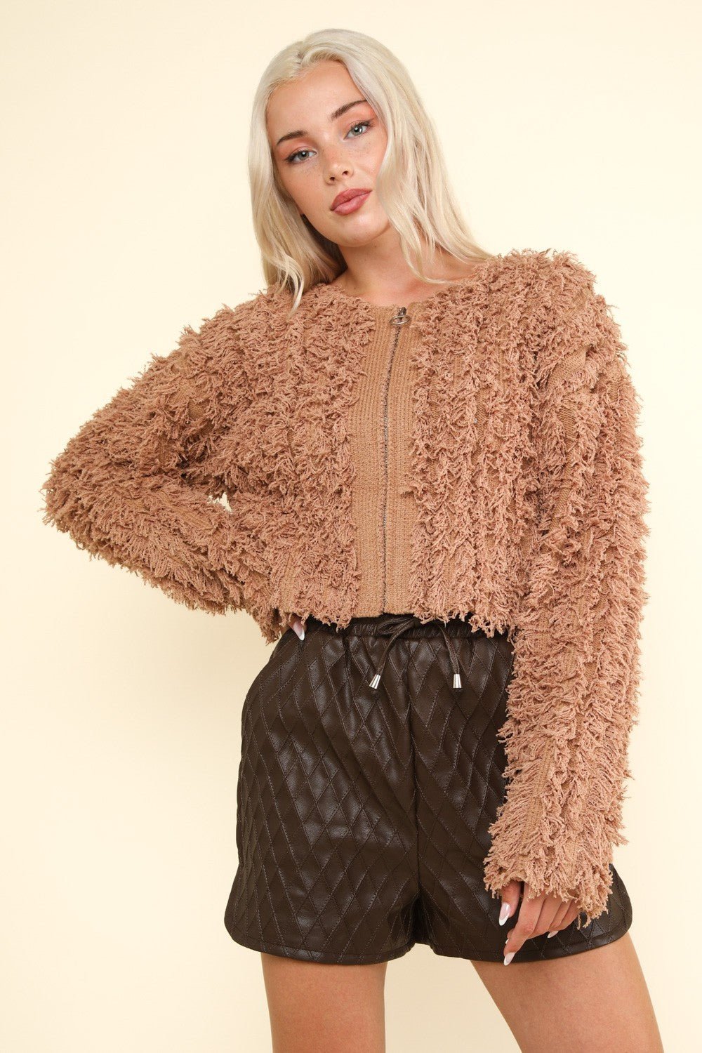 VERY J Shaggy Yarn Knit Zip Up Jacket - Jacket - Mocha - Bella Bourget