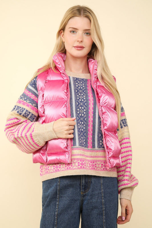 VERY J Shiny Metallic Zip Up Puffer Vest - Vest - Pink - Bella Bourget