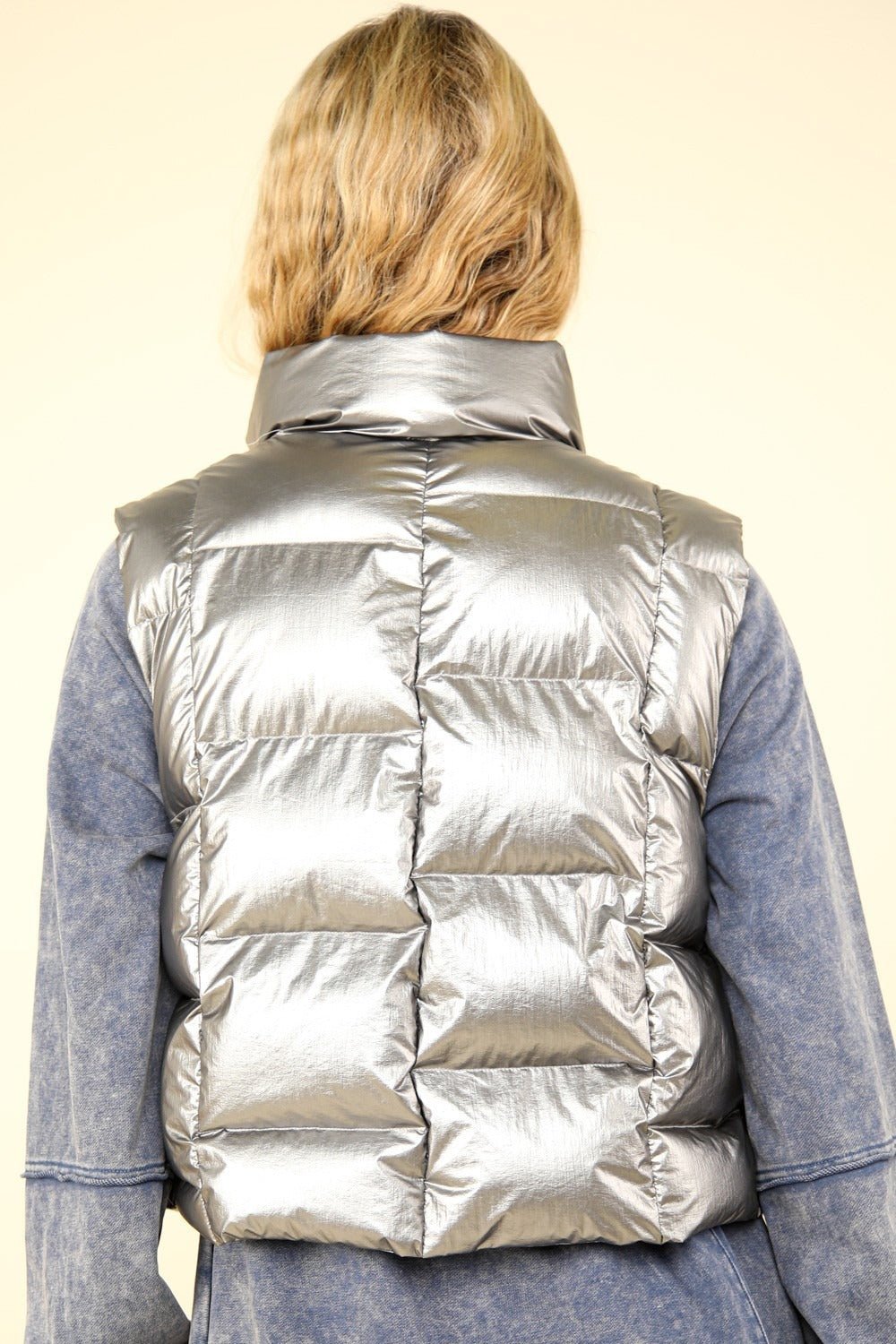 VERY J Shiny Metallic Zip Up Puffer Vest - Vest - Silver - Bella Bourget