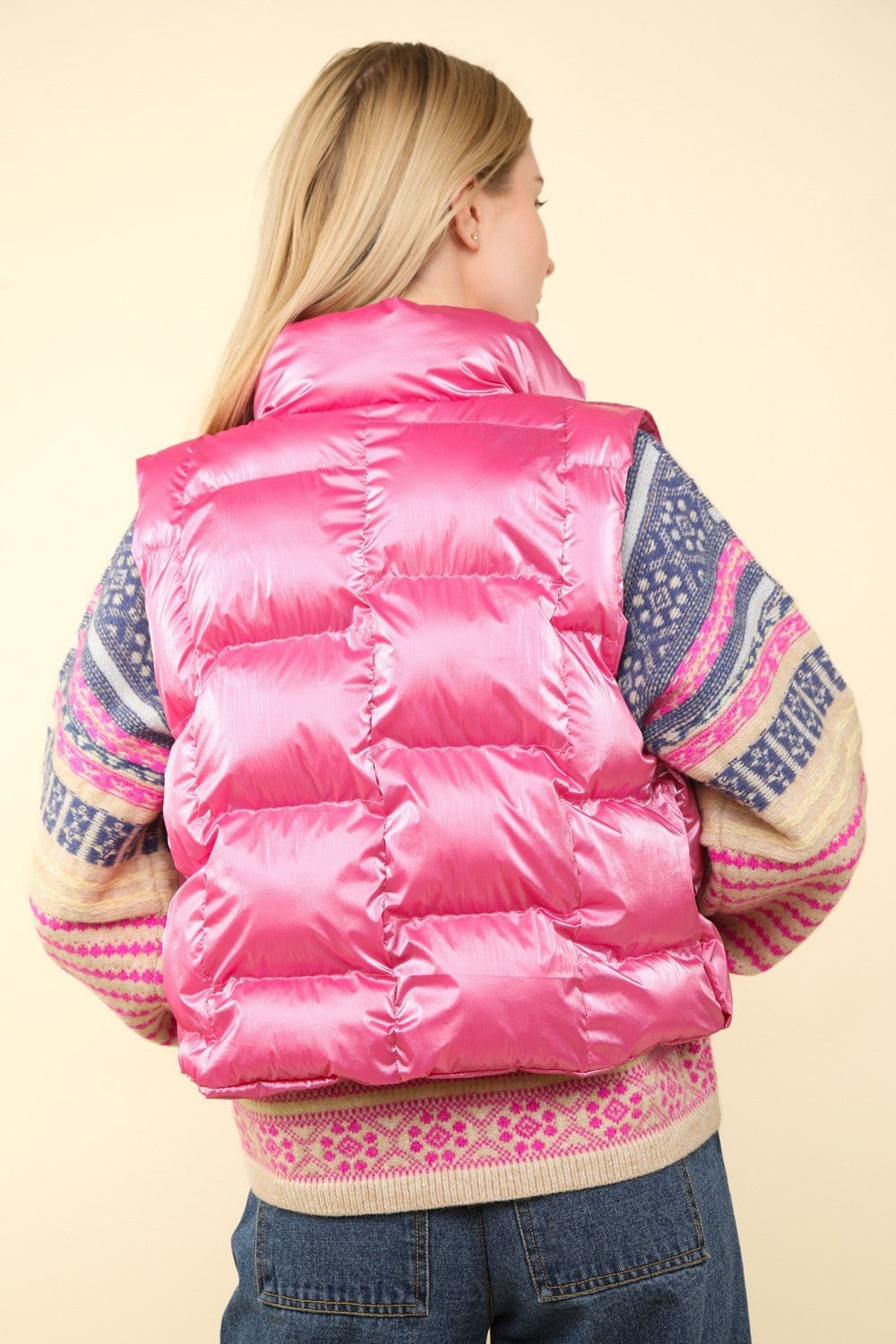 VERY J Shiny Metallic Zip Up Puffer Vest - Vest - Pink - Bella Bourget