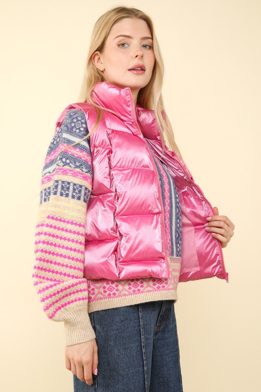 VERY J Shiny Metallic Zip Up Puffer Vest - Vest - Pink - Bella Bourget