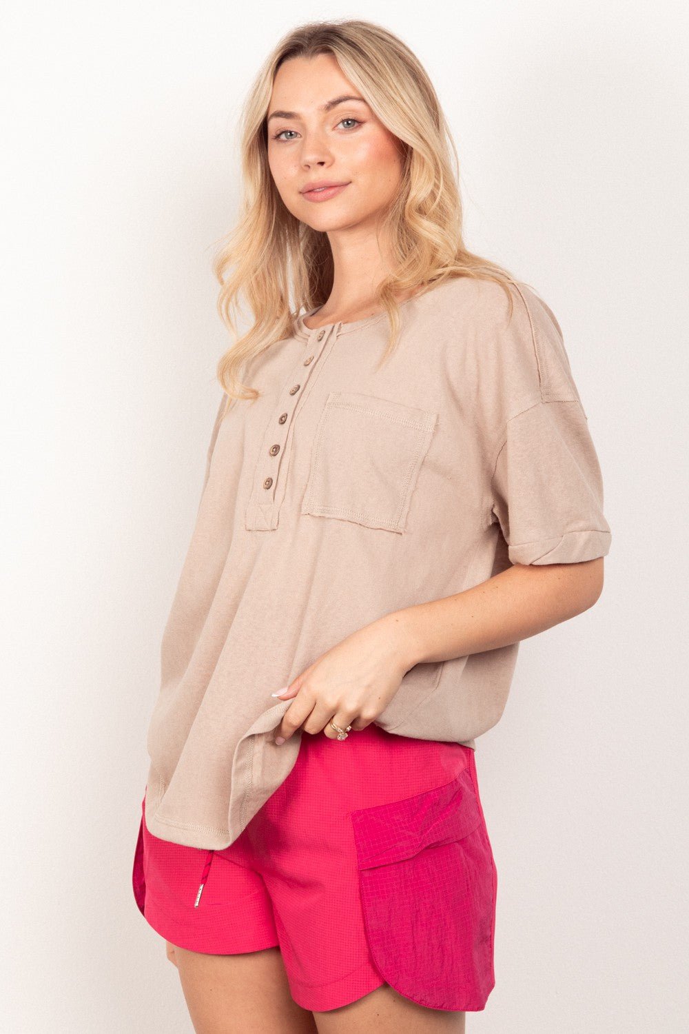 VERY J Twisted Sleeve Band Half Button Top - Top - Taupe - Bella Bourget